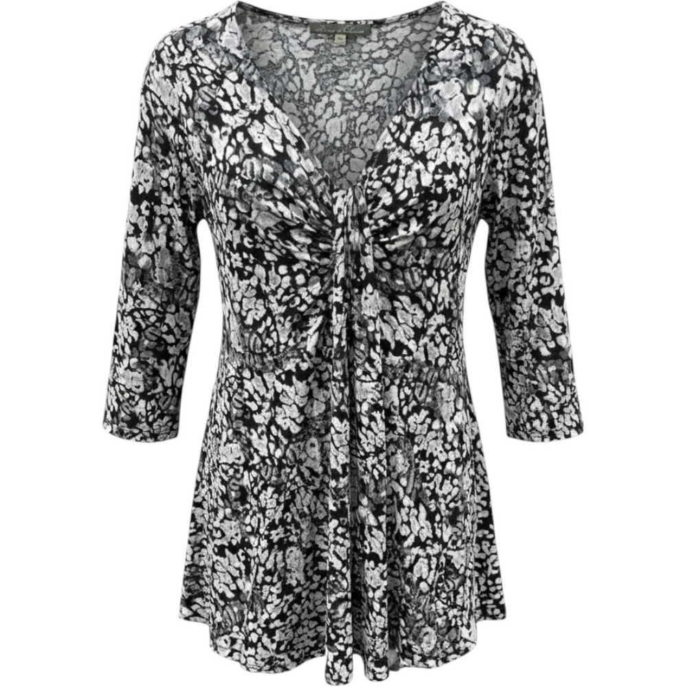 Rose & Olive Womens 2X Tunic Top Black White Abstract Print V-Neck Knot Front